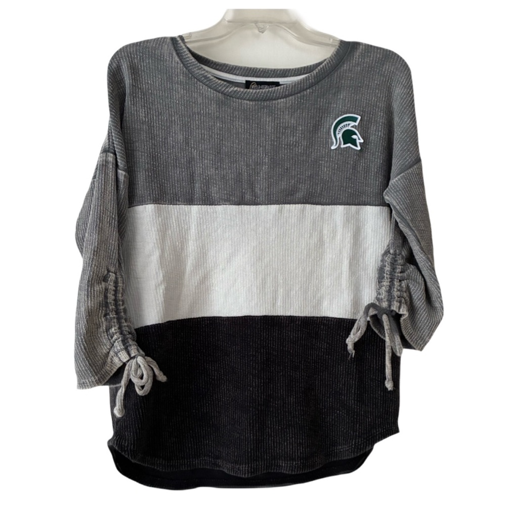 Gameday Couture Top w/ MSU Spartans Logo, Sz S, Gray/White Color Block